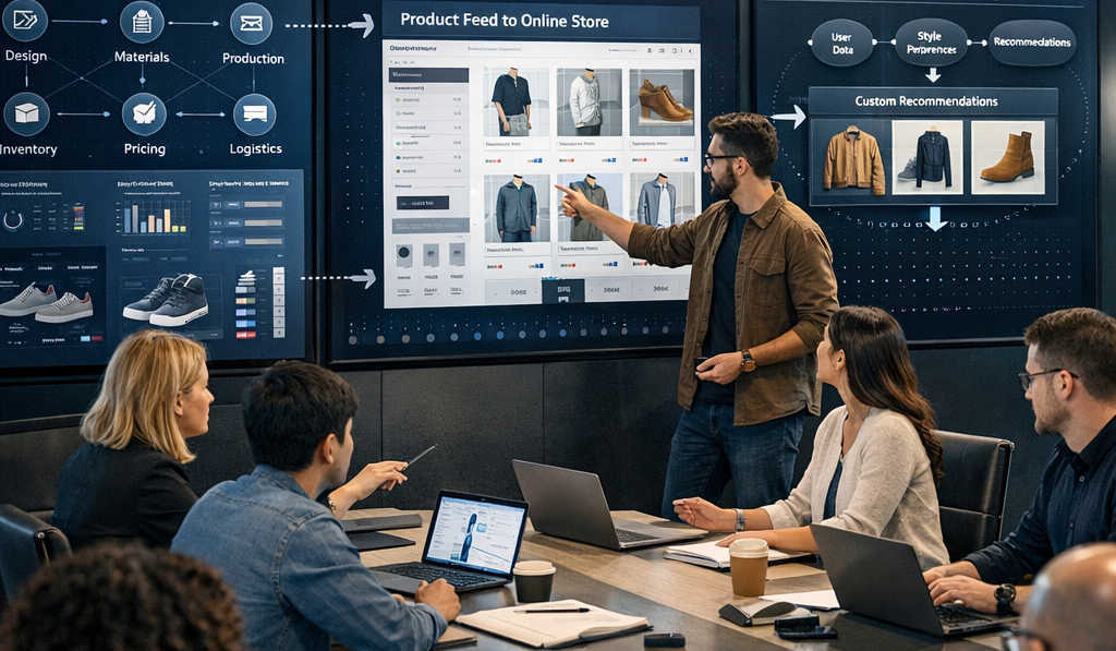 A sophisticated fashion tech war room where designers and engineers collaborate in front of large screens visualizing PLM product data flowing into an e-commerce storefront and AI personalization engine for apparel and footwear.