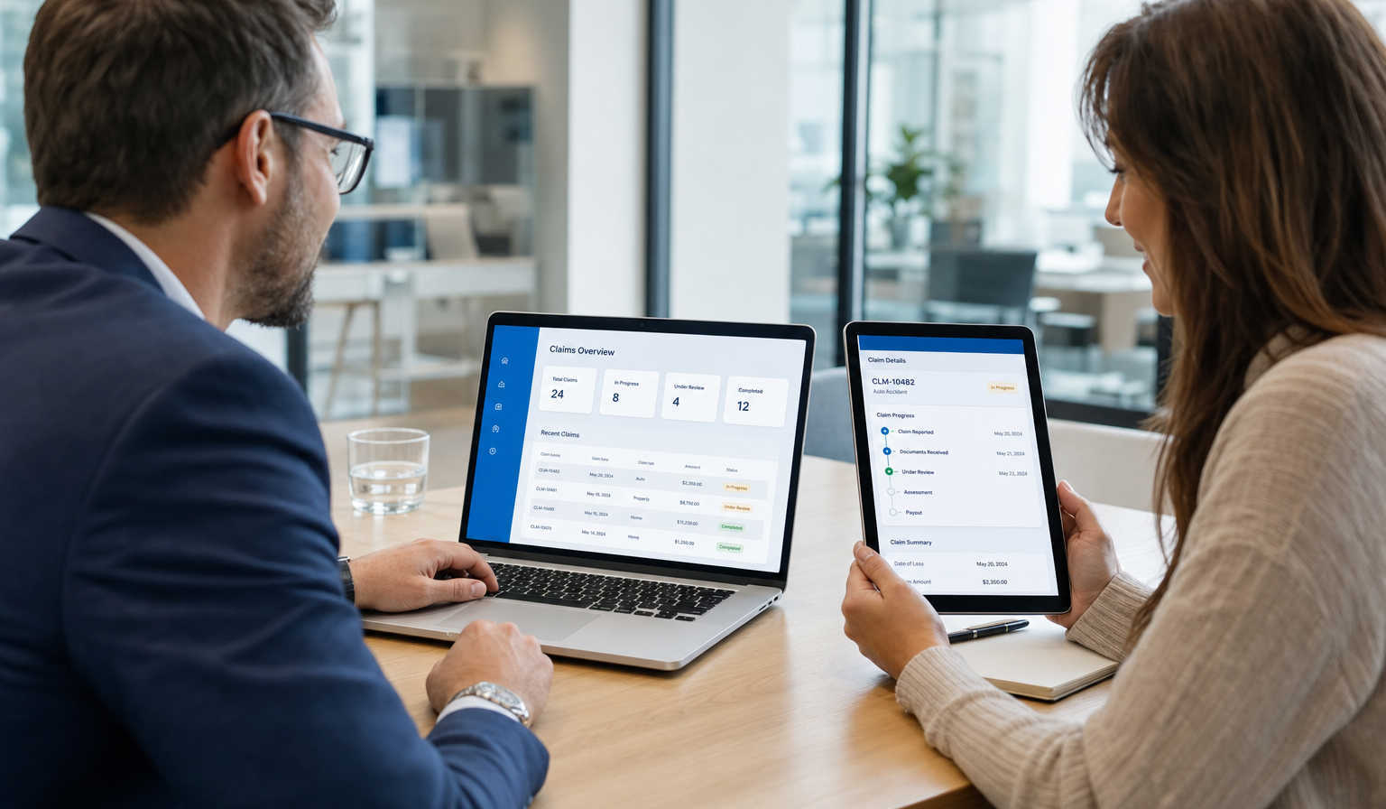 Broker and policyholder in a modern office reviewing a shared insurance claims status dashboard on laptop and tablet with a clean blue interface emphasizing collaboration and trust.