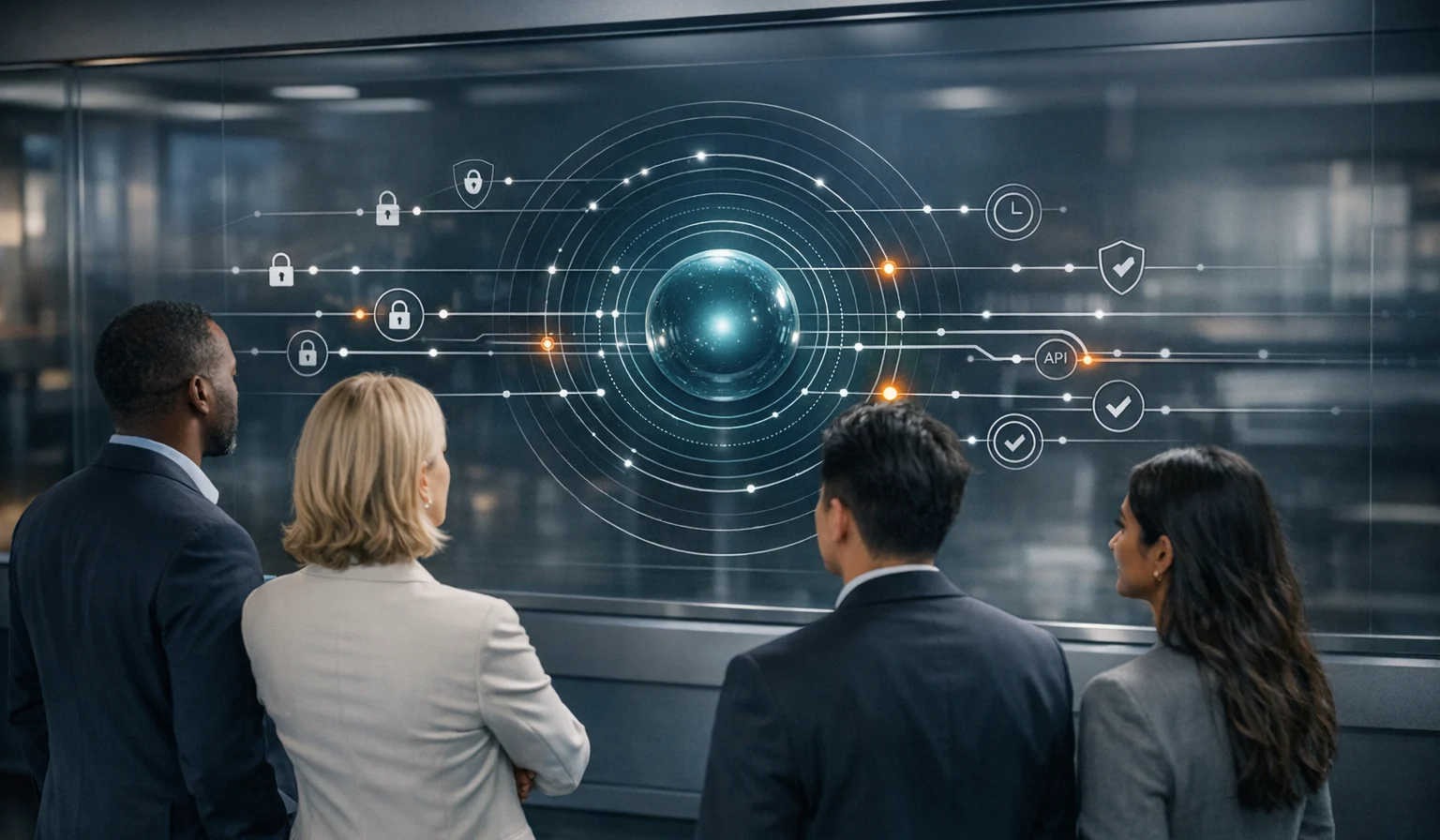 Here’s a polished photorealistic enterprise operations studio scene with the holographic temporal dashboard, inclusive executive team, and the deep te