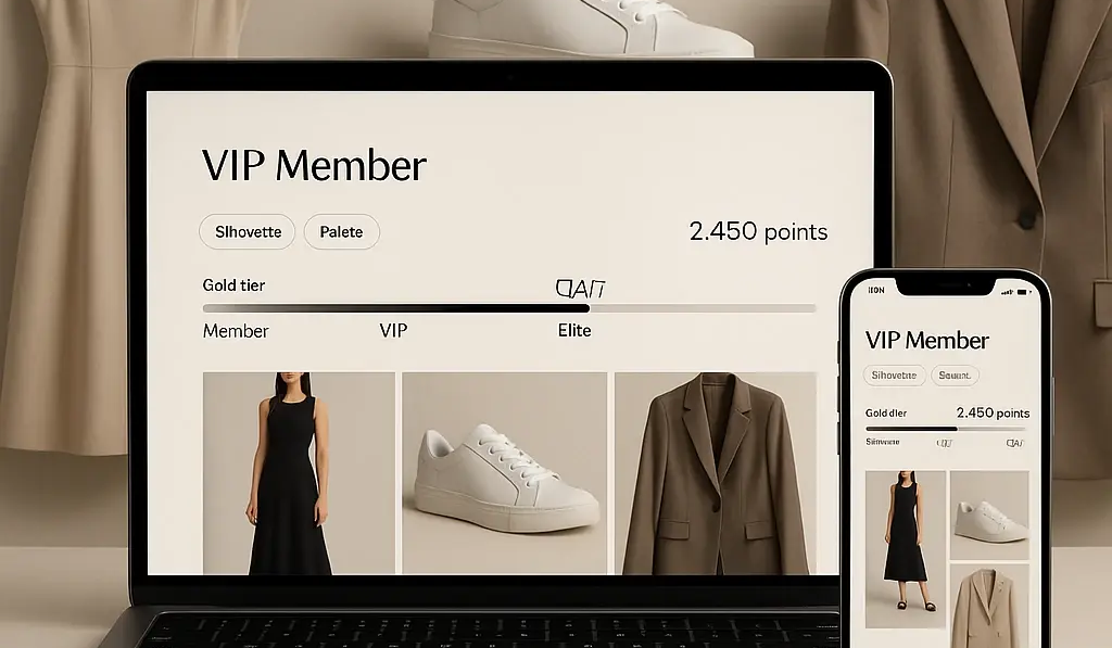A sophisticated fashion ecommerce scene showing a personalized loyalty dashboard on a laptop and phone VIP tiers style profile tags silhouette palette