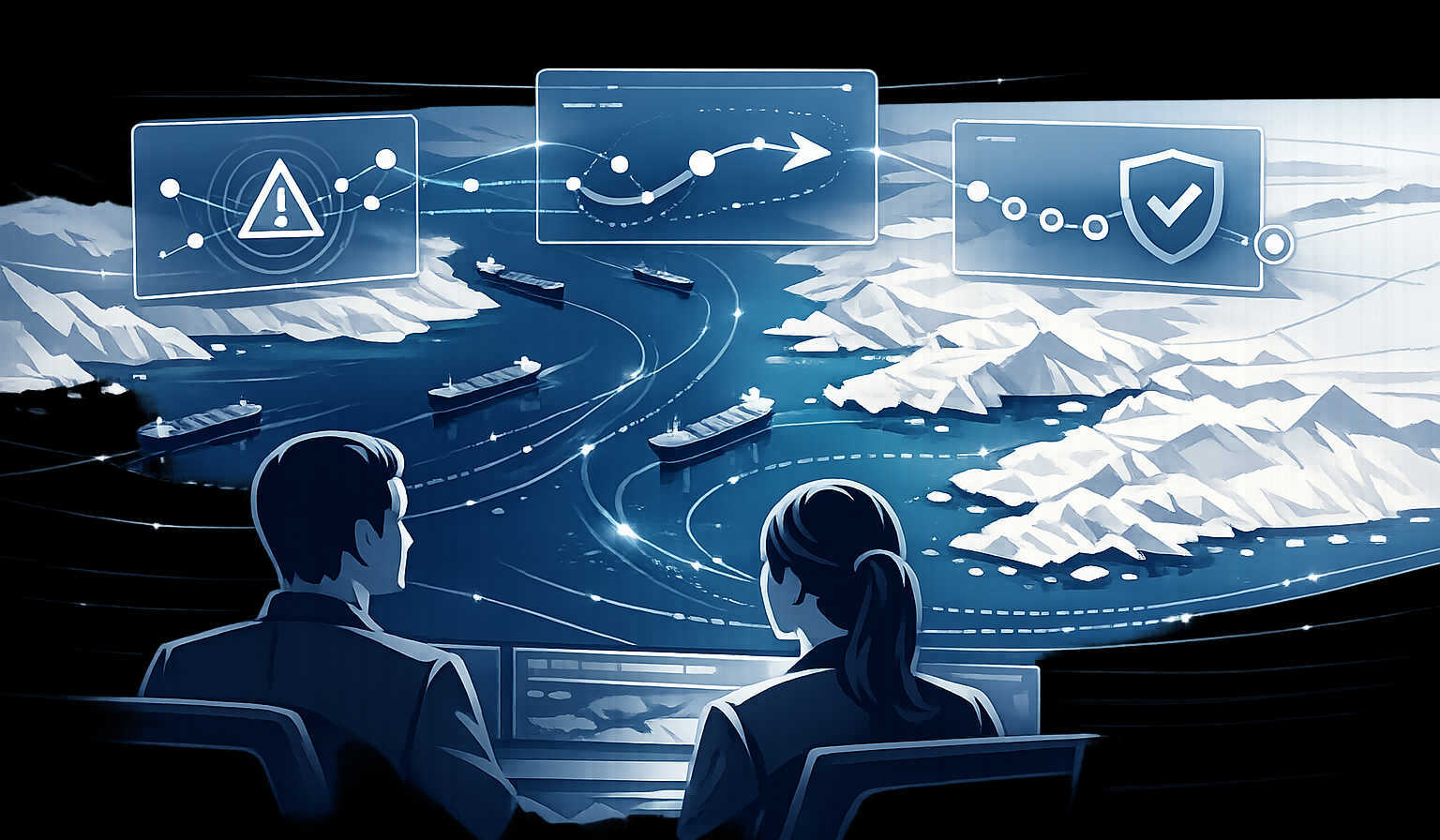 Created a polished enterprise-style maritime risk illustration with isometric map overlays, shipping lanes, UI risk panels, and analyst silhouettes in