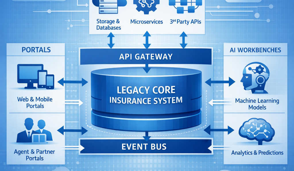 Enterprise architecture illustration showing a legacy insurance core wrapped by an API gateway and event bus, connected to cloud services, portals, and AI workbenches in a modern blue UI.