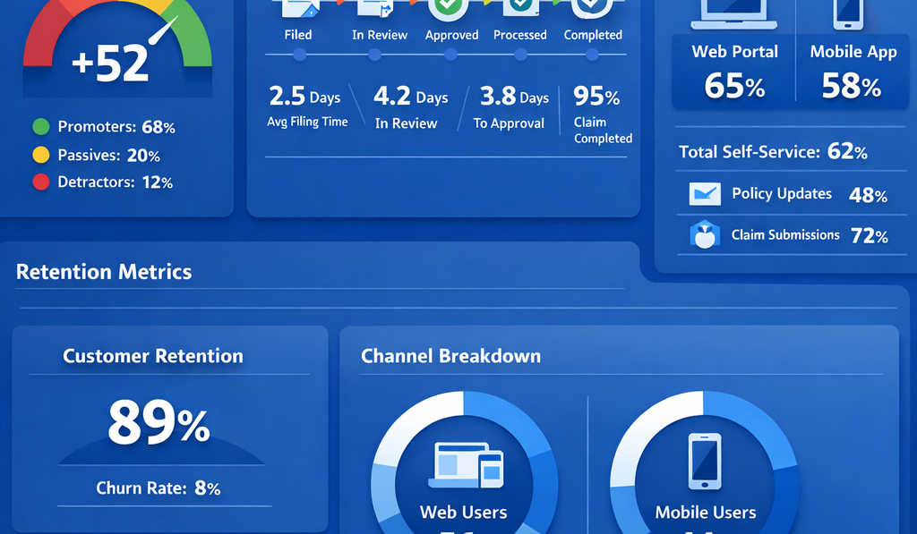 Digital insurance customer experience dashboard showing NPS scores, claims journey timelines, self-service usage, and retention KPIs across web and mobile channels in a modern blue enterprise UI.