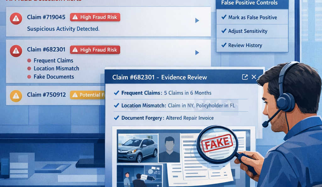 Insurance claims operations dashboard showing AI-powered fraud alerts with explainable indicators, false-positive controls, and a human analyst reviewing evidence in a modern blue enterprise UI.