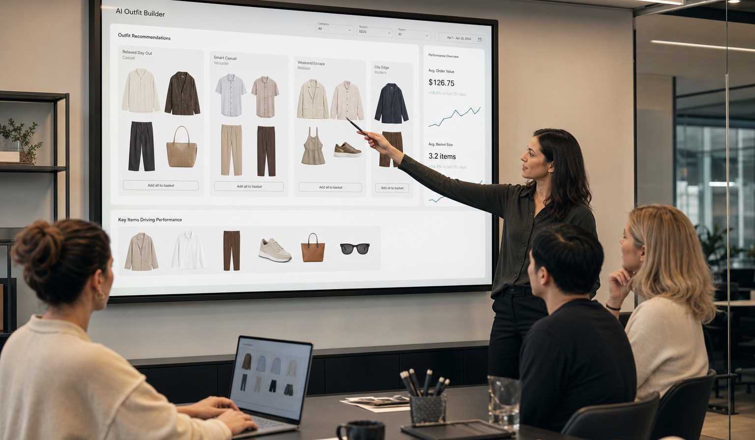 A modern fashion ecommerce control room where a diverse team reviews an AI-powered outfit builder interface on a large screen, showing complete apparel and footwear outfits with analytics overlays for average order value and basket size.