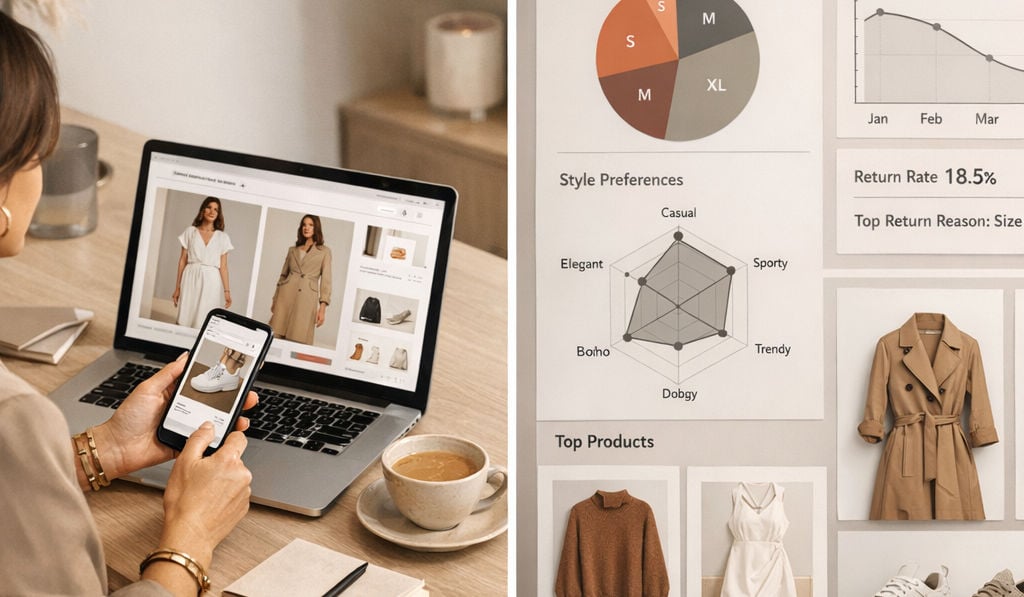 A sophisticated fashion e-commerce analytics scene with a split screen showing a shopper browsing apparel and footwear online alongside an AI dashboard for size, style profiling, and returns reduction.