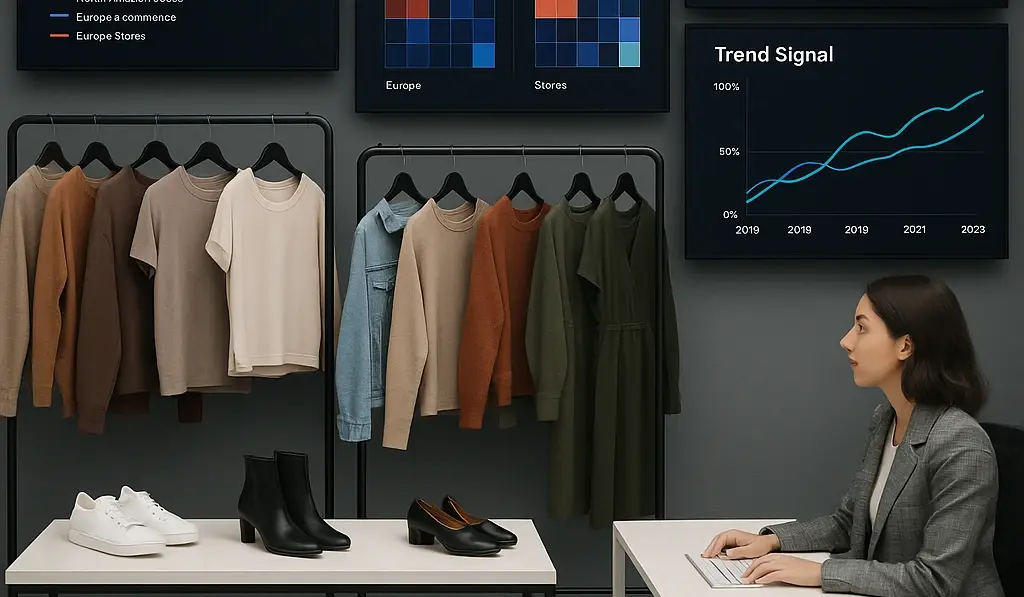A fashion merchandising command center wall displays show AIgenerated apparel size curves by region and channel allocation heatmaps and trend signals