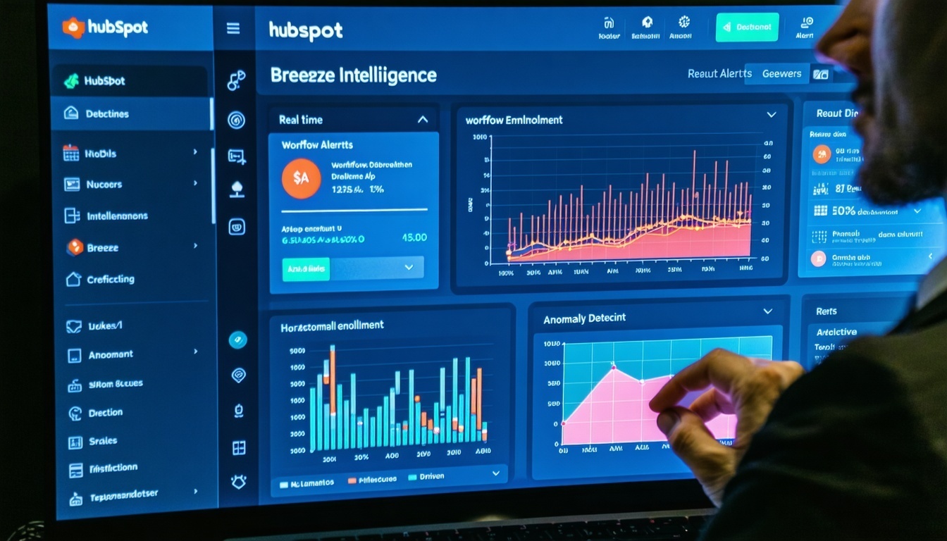 The image depicts a sleek modern digital dashboard showcasing HubSpots Breeze Intelligence features